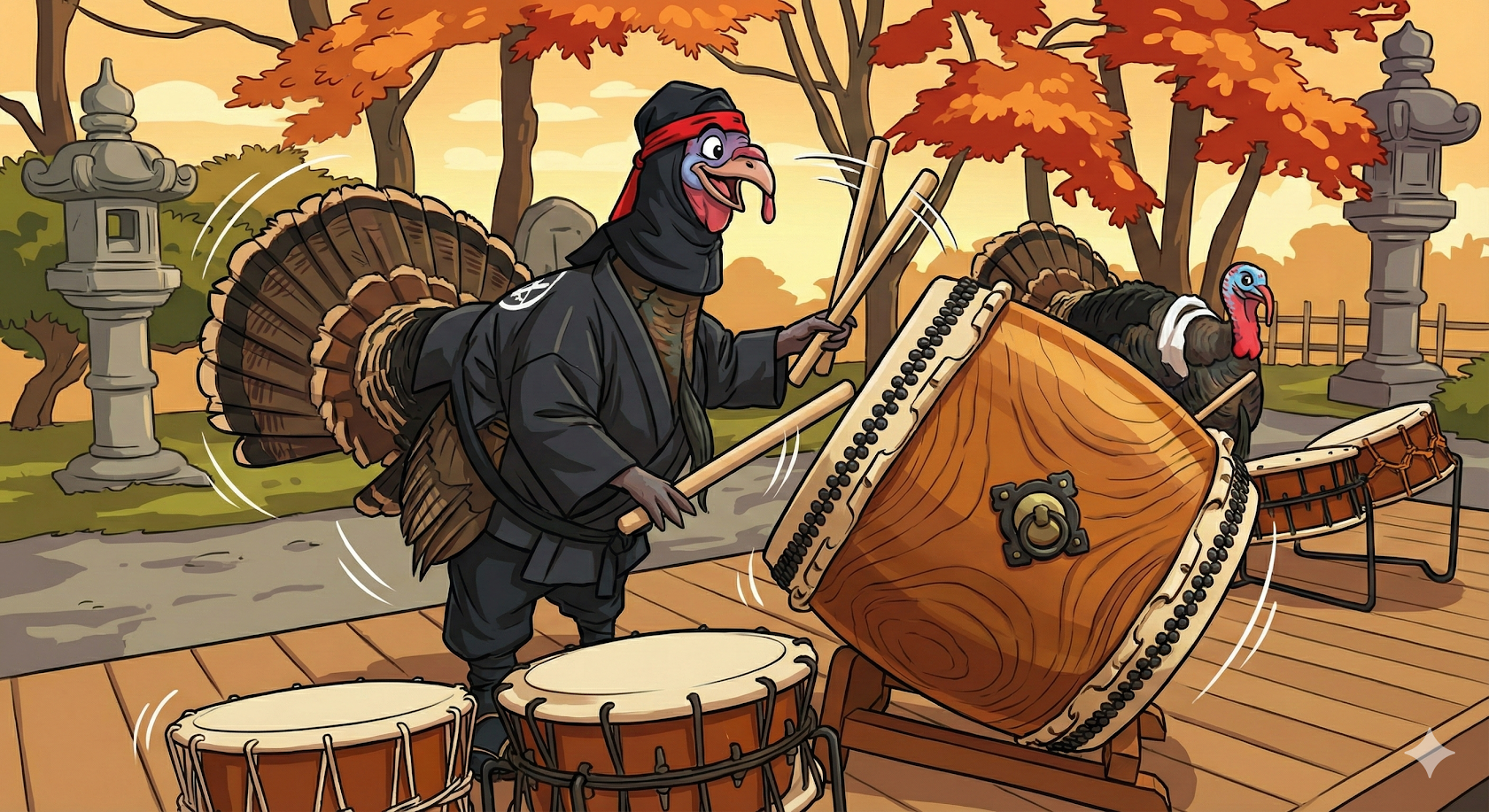 Turkeys dressed as ninjas playing Taiko drums outside